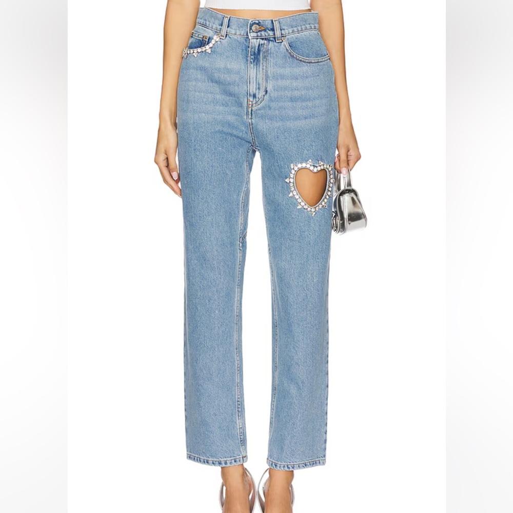 AREA NYC Crystal Heart Cutout Blue Jeans NWOT